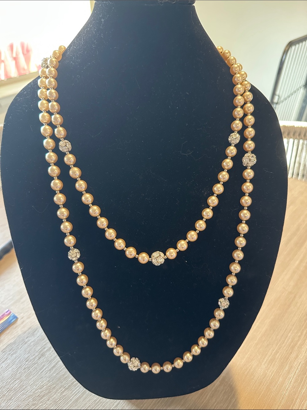 Kenneth Jay Lane Gold-Tone Pearl Double Strand Necklace with Crystal Rondelles